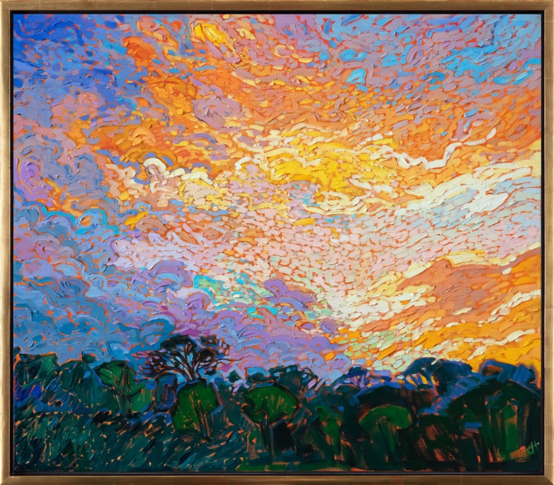 Dappled light reflects off the rainbow-colored clouds above Texas hill country. The scene is peaceful and yet alive with motion. Each brush stroke is thickly applied in Hanson's open impressionistic style.</p><p>"Dappled Clouds" was created on 1-1/2" canvas, with the painting continued around the edges. The painting arrives framed in a contemporary gold floater frame, ready to hang.