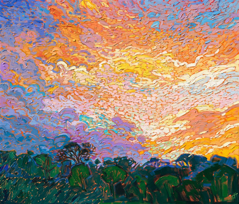 Dappled light reflects off the rainbow-colored clouds above Texas hill country. The scene is peaceful and yet alive with motion. Each brush stroke is thickly applied in Hanson's open impressionistic style.</p><p>"Dappled Clouds" was created on 1-1/2" canvas, with the painting continued around the edges. The painting arrives framed in a contemporary gold floater frame, ready to hang.