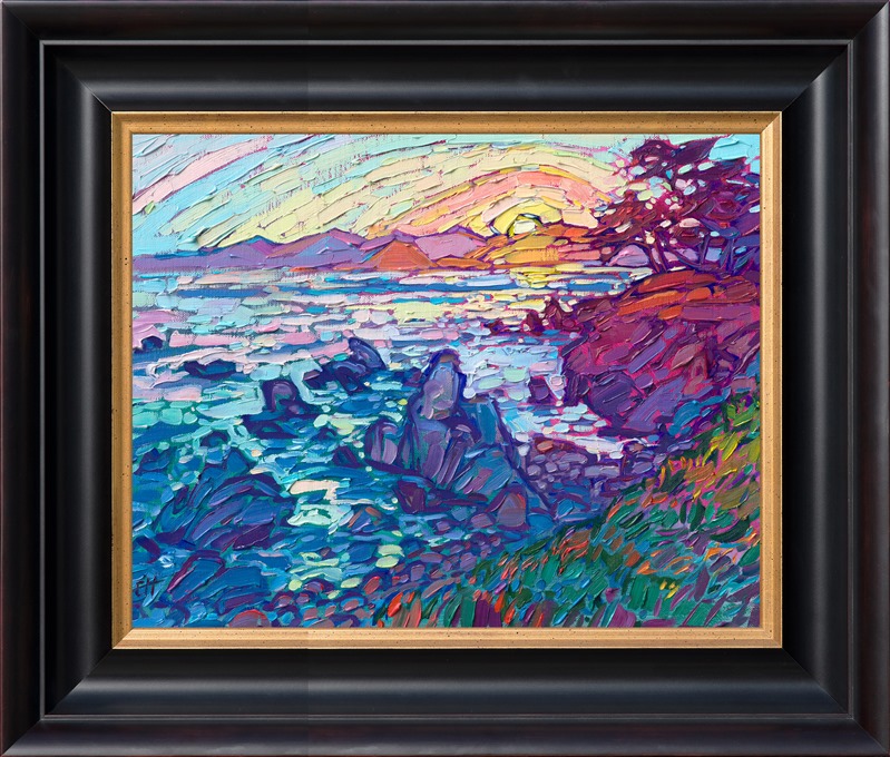 The view from the tip of Monterey's peninsula is best experienced at sunset. The rich turquoise and violet shadows contrast with the warm hues of the setting sun. This petite oil painting captures all the vibrant beauty of Monterey's coastline.</p><p>"Dappled Coast" is an original oil painting created on fine linen board. The painting arrives framed in a plein air frame, ready to hang.