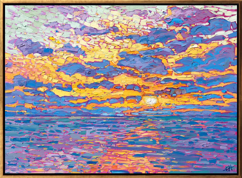Dappled light of sunset flickers across the ocean in this impressionistic oil painting. Broad strokes of pure color capture the vivid hues of the setting sun reflecting on the ocean waters.</p><p>"Dappled Ocean" was created on 1-1/2" stretched linen. The piece arrives framed in a contemporary gold floater frame, ready to hang.