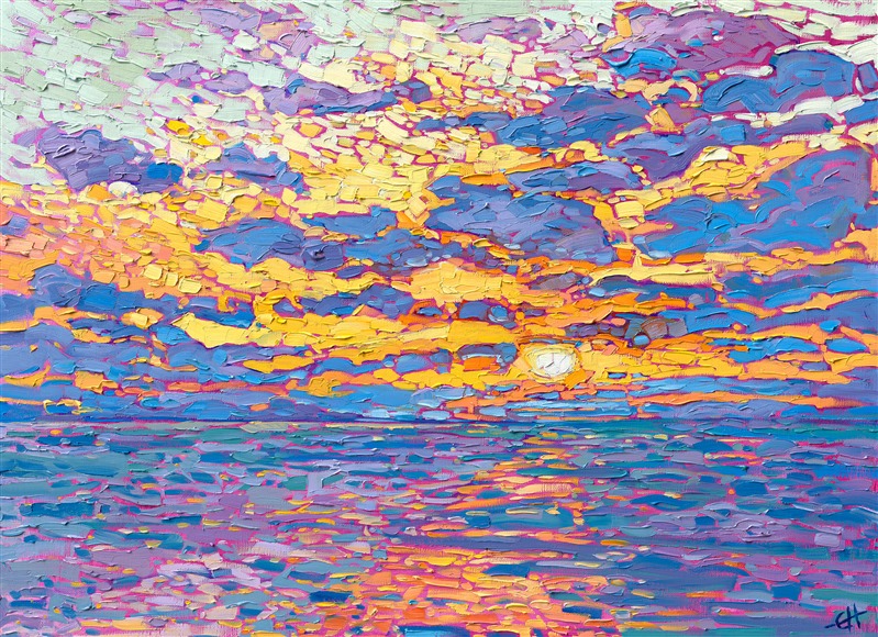 Dappled light of sunset flickers across the ocean in this impressionistic oil painting. Broad strokes of pure color capture the vivid hues of the setting sun reflecting on the ocean waters.</p><p>"Dappled Ocean" was created on 1-1/2" stretched linen. The piece arrives framed in a contemporary gold floater frame, ready to hang.