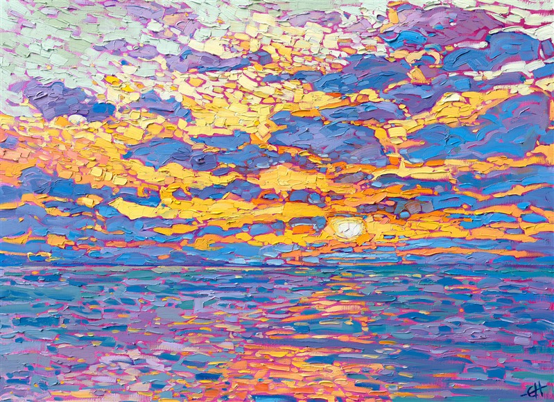 Dappled light of sunset flickers across the ocean in this impressionistic oil painting. Broad strokes of pure color capture the vivid hues of the setting sun reflecting on the ocean waters.

"Dappled Ocean" was created on 1-1/2" stretched linen. The piece arrives framed in a contemporary gold floater frame, ready to hang.