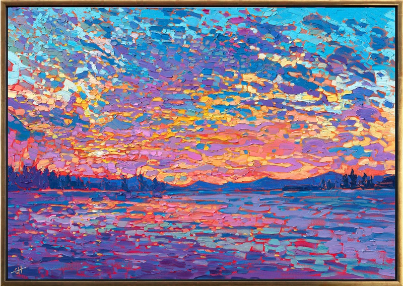 Colorful points of dappled color burst across the sky in this contemporary impressionist oil painting. The thick, impasto brush strokes convey a fresh, spontaneous nature.</p><p>"Dappled Sunset" was created on 1-1/2" linen. The piece arrives framed in a contemporary gold floater frame, ready to hang.