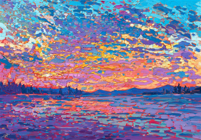 Colorful points of dappled color burst across the sky in this contemporary impressionist oil painting. The thick, impasto brush strokes convey a fresh, spontaneous nature.</p><p>"Dappled Sunset" was created on 1-1/2" linen. The piece arrives framed in a contemporary gold floater frame, ready to hang.