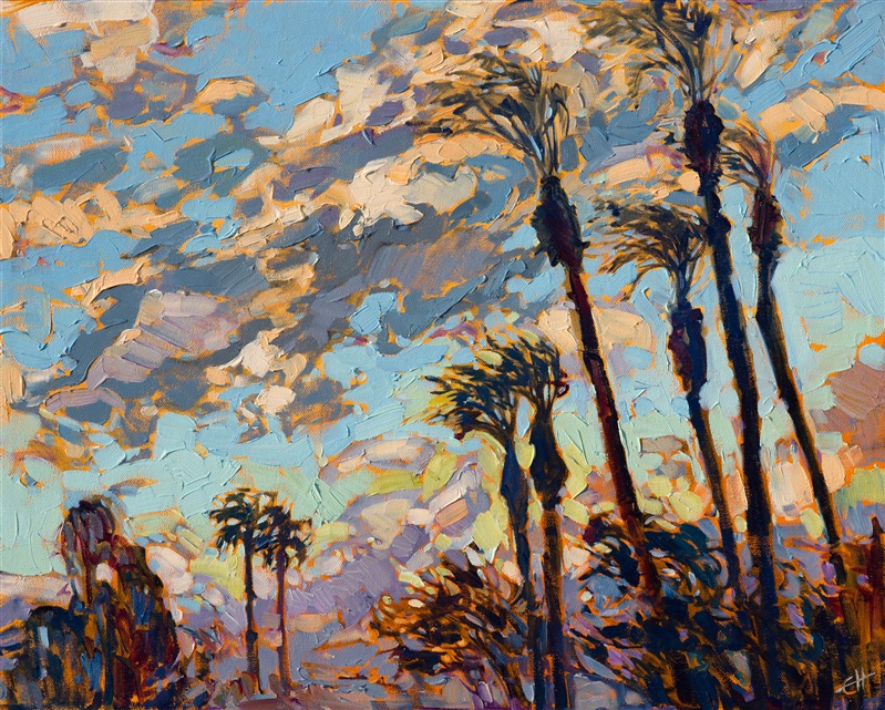 A brilliant blue sky and dramatic clouds form the backdrop to this California desert landscape. The desert has some of the most colorful skies I have ever seen.  With the wind blowing briskly and the air dry and fresh, there is no better place to enjoy the outdoors.

This small impressionistic painting has been framed in a beautiful hand-carved, gilded frame.  It would be a show-stopper in any room.