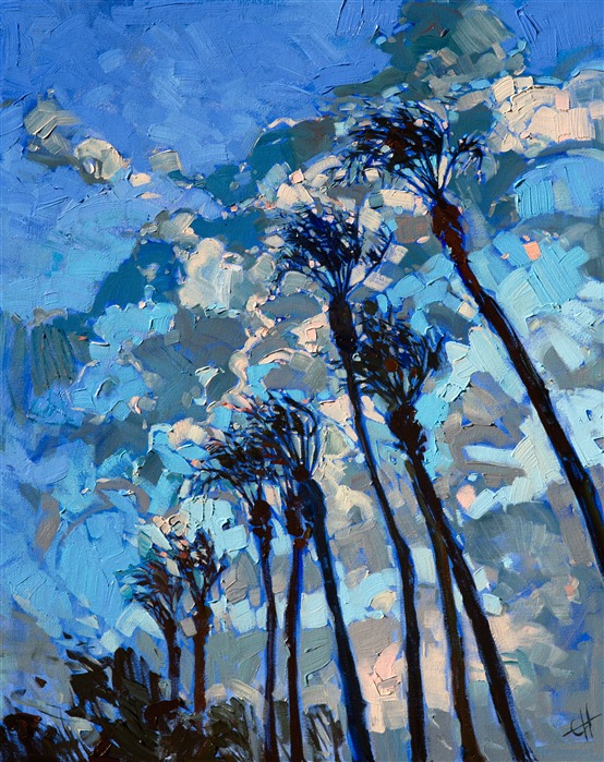 Date palms in the Coachella Valley stretch into a vivid sunset sky, their elegant shapes silhouetted against the darkening sky.  Thick strokes of oil paint bring to life the motion of the outdoors.</p><p>This painting was created on a gallery-depth canvas with the painting continued around the edges. The painting will arrive in a beautiful hardwood floater frame, ready to hang.