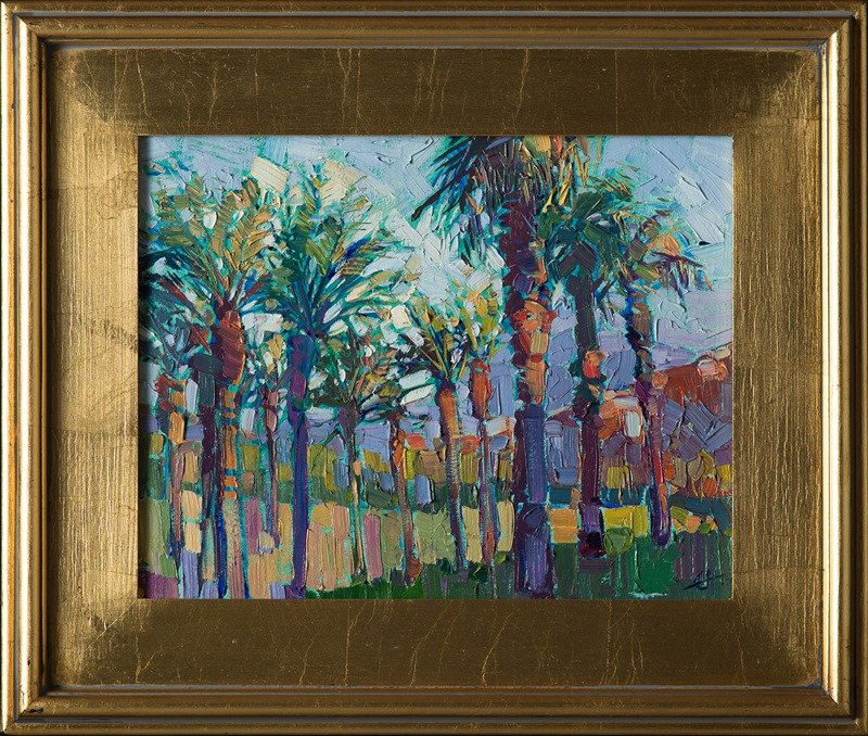 Date Palms in La Quinta inspired this landscape oil painting.  The vibrant colors and abstracted shapes makes the painting come alive on the canvas.</p><p>This painting was created on 3/4"-deep canvas. It has been framed in a beautiful classic frame and arrives wired and ready to hang.