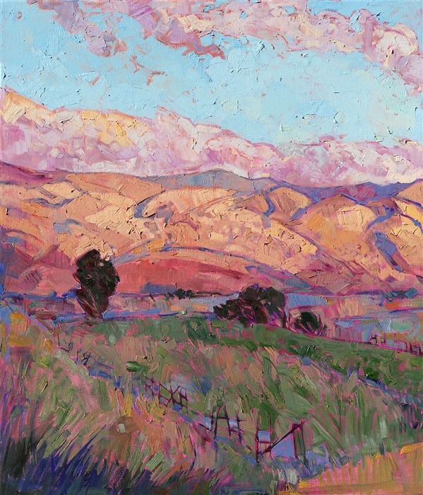 Beautiful morning light pours ever-changing color onto these rolling hills. The countryside is captured in a mosaic of color and texture that comes to life on the canvas.<br/> <br/>This painting was created on two museum-depth canvases, with the painting continued around the edges of each stretched canvas. This painting was designed to hang without a frame, with the canvases spaced a few inches apart.