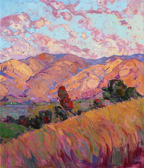 Beautiful morning light pours ever-changing color onto these rolling hills. The countryside is captured in a mosaic of color and texture that comes to life on the canvas.<br/> <br/>This painting was created on two museum-depth canvases, with the painting continued around the edges of each stretched canvas. This painting was designed to hang without a frame, with the canvases spaced a few inches apart.