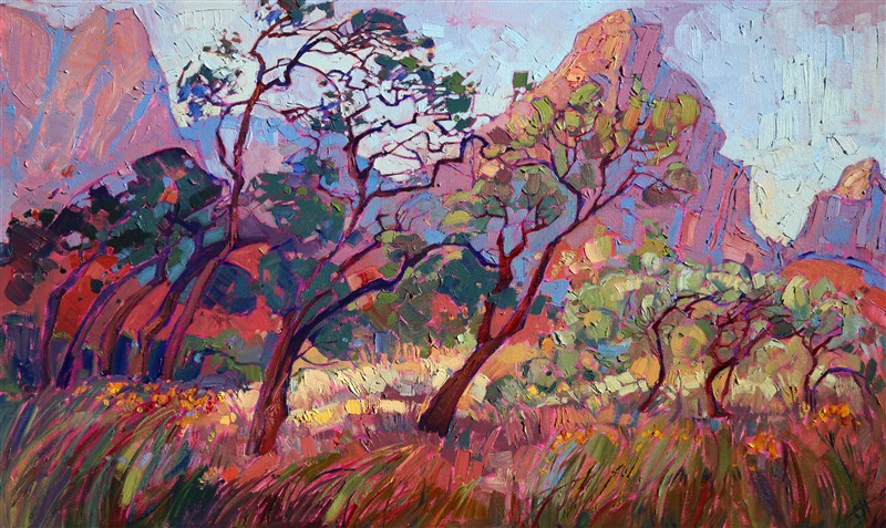 This painting is in the permanent collection of the St. George Art Museum, in Saint George, Utah.</p><p>The cottonwoods still held their leaves in October, the gentle autumn light filtering around the tall canyon cliffs and through their colorful leaves. This painting of the Zion National Park campground brings the outdoors to life with motion-filled brush strokes and thick application of paint.