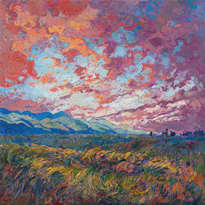 A burst of new light covers the landscape in a fresh coat of color, a transient moment of glory.  The brush strokes bring to life the movement and freshness of the wide outdoors, creating a mosaic of color and texture within the oil painting.