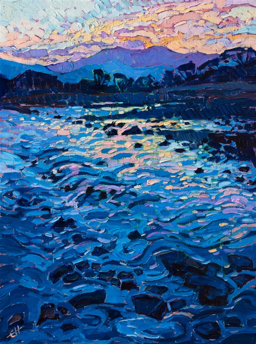 A wintery sunrise glitters across the moving waters of Arashiyama, Japan. The cool notes of blue and purple give way slowly to the warming light of dawn in this impressionistic oil painting.</p><p>This painting was created on linen board, and it arrives ready to hang in a custom-made frame.