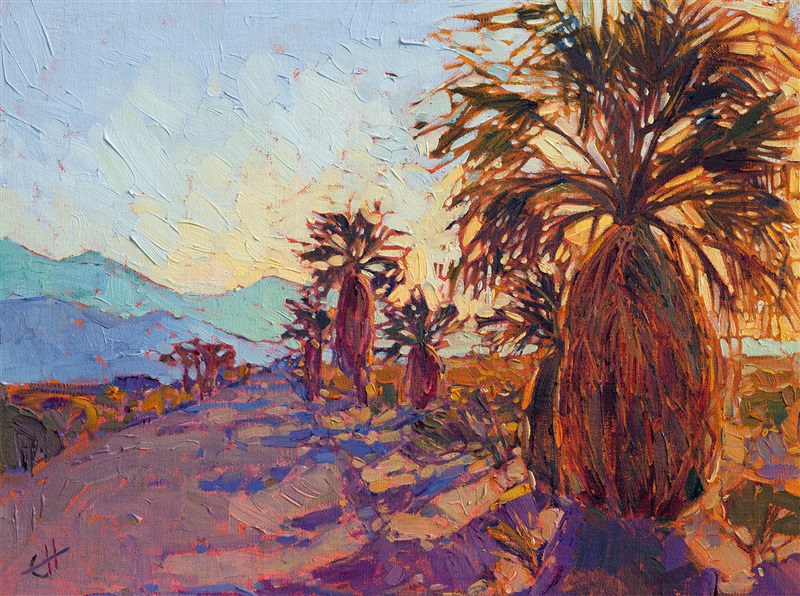 Borrego Springs, one of the most beautiful of California's deserts, is home to many shaggy palms that grow in abandon on the valley floor. This paintings captures the dramatic light of dawn shining through a group of young palms.</p><p>This painting was created on fine canvas board, and it arrives framed and ready to hang.