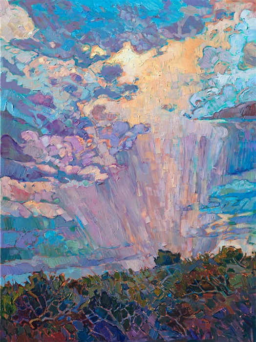 This painting captures the illumination of clouds and summer showers over a dusky landscape. The light seems to vibrate in the sky, and the motion of the rain falling creates a wonderful dynamic to the piece. The brush strokes are loose and impressionistic, capturing the emotional quality of the light.

This painting was created on 1-1/2" canvas, with the painting continued around the edges. The piece arrives framed and ready to hang.