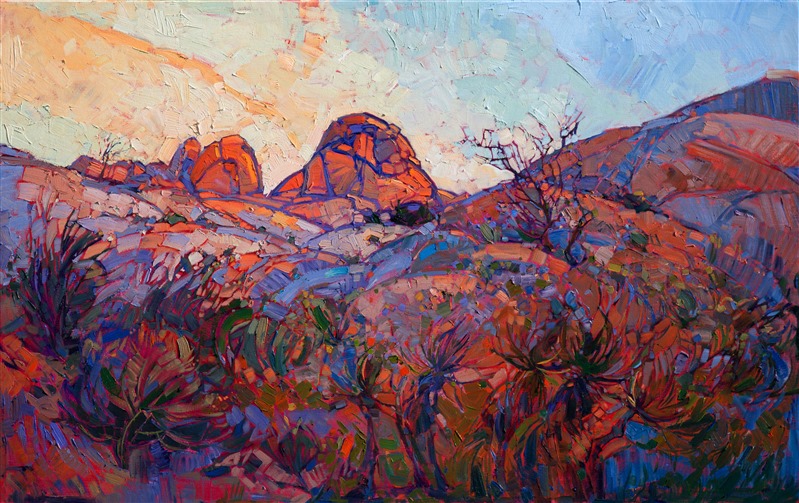 Early dawn light flows over the desertscape of Joshua Tree National Park.  Thick brush strokes and vivid color pop from the canvas, communicating the fresh morning light of the dry desert air.  </p><p>This painting was created on museum-depth canvas, with the painting continued around the edges of the stretched canvas. The painting arrives ready to hang without a frame needed. (Please contact the artist if you would like information on framing options for this painting.)