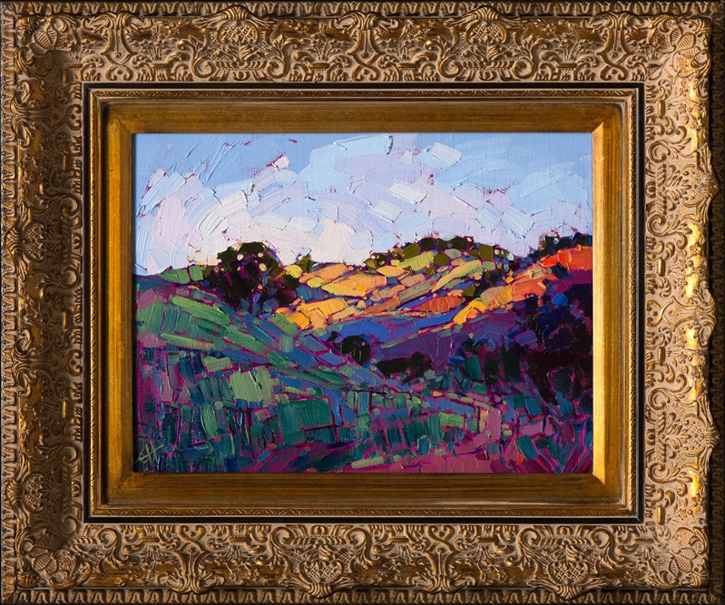 Loose brush strokes and vivid color bring these rolling hills to life.  This petite painting was inspired by the wine country near Carmel, California.  The mosaic-like placement of the brush strokes create a stained glass effect on the canvas.