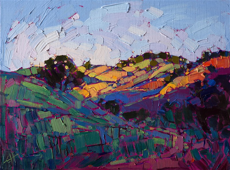 Loose brush strokes and vivid color bring these rolling hills to life.  This petite painting was inspired by the wine country near Carmel, California.  The mosaic-like placement of the brush strokes create a stained glass effect on the canvas.