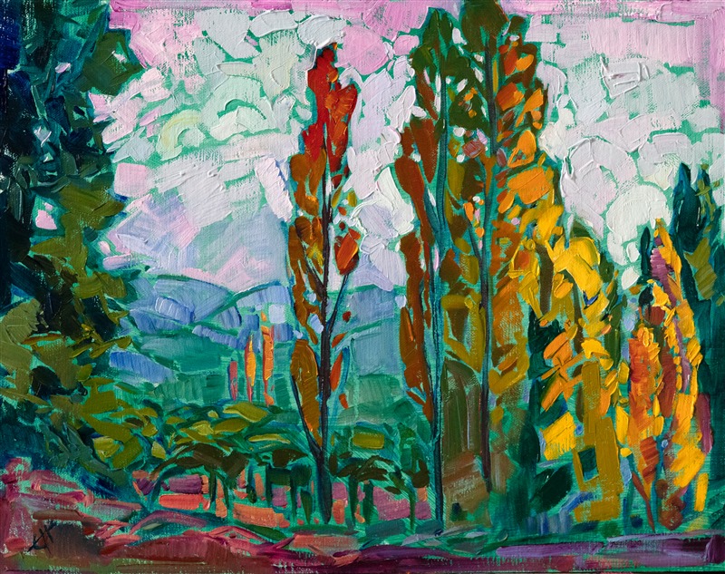 A row of poplar trees turning hues of autumn catch the afternoon light in this oil painting of Napa, California. The brush strokes are loose and impressionstic, creating a mosaic of color across the canvas.</p><p>"Dawning Autumn" was created on fine linen board, and the piece arrives framed in a custom-made, gold plein air frame.