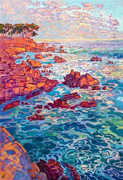 The Monterey coastline is beautiful at dawn, the pink and red rocks catching the warm sunlight. The swirling, foamy waters below catch the light and turn ever-changing colors of aqua and turquoise. Each brush stroke adds to the overall motion of the painting.</p><p>"Dawning Coast" was created on 1-1/2" canvas, with the painting continued around the edges. The painting arrives framed in a contemporary gold floater frame in 23kt gold leaf.