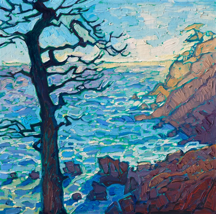 Layers of coastal rocks fade from cool to warm as the dawning light slowly warms the seascape. A weather-worn cypress tree stands tall against the coastal winds.</p><p>This painting was created on linen board, and it arrives ready to hang in a custom-made frame.