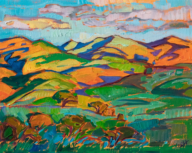 The smooth rolling hills of Paso Robles catch the warm light of dawn in this petite oil painting. The impasto brush strokes add texture and energy to the piece, drawing you into the impressionistic reality of your imagination.</p><p>"Dawning Colors" was created on fine linen board, and the painting arrives framed in a hand-made and gilded plein air frame.