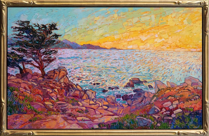The shores of Pebble Beach are filled with colorful rocks that catch the early morning light and transform into jeweled hues of pink and sherbet orange. This impressionist painting captures the fleeting light of dawn and the movement of the waves beneath the transforming sky.</p><p>"Dawning Cypress" was created on 1-1/2" canvas, with the painting continued around the edges. The painting arrives framed in a hand-carved, gold floater frame. 