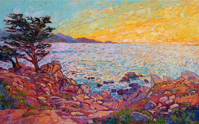 The shores of Pebble Beach are filled with colorful rocks that catch the early morning light and transform into jeweled hues of pink and sherbet orange. This impressionist painting captures the fleeting light of dawn and the movement of the waves beneath the transforming sky.</p><p>"Dawning Cypress" was created on 1-1/2" canvas, with the painting continued around the edges. The painting arrives framed in a hand-carved, gold floater frame. 