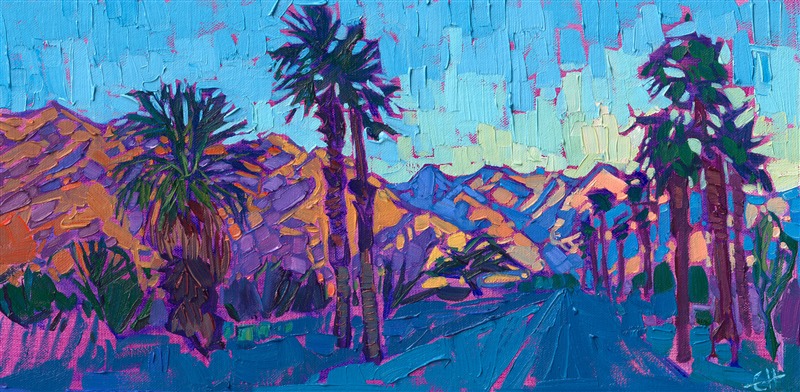 La Quinta is captured in bold brushstrokes and an impressionistic eye for color. The abstract shapes of the Santa Rosa mountains catch the changing hues of the setting sun, a beautiful backdrop behind the stately desert palms. </p><p>"Dawning Desert" is an original oil painting on linen board. The piece arrives framed in a contemporary black and gold frame, ready to hang.