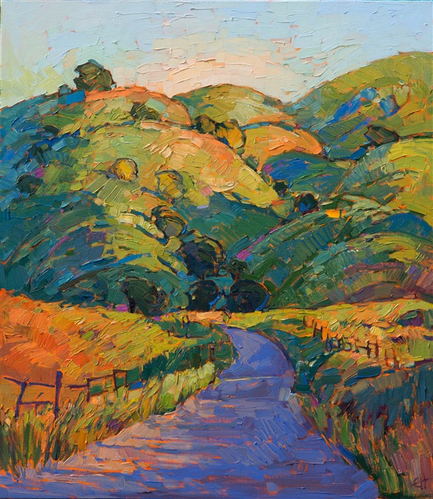 Rollicking color and impasto brushstrokes capture the vivacity of Paso Robles in the springtime. The lush green of the rolling hills is a bright contrast against the dark hues of the California oak trees.  The painting has a natural rhythm and motion that mirrors the beauty found out of doors.

This painting was done on 1-1/2" deep canvas, with the painting continued around the sides of the canvas.
