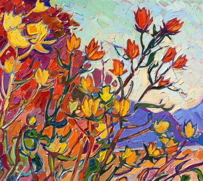This painting was inspired by the first golden hour I experienced on my photo safari through Washington state this year. I traveled through Sequim, the Olympic Peninsula, Mt Rainier, and the San Juan Islands, but the first scene I wanted to paint was this small collection of flowers on the edge of Sequim Bay that glowed in the golden hour light, with purple and blue mountains in the background. The colors were so dramatic and perfectly reflective of what I love about Northwestern color.