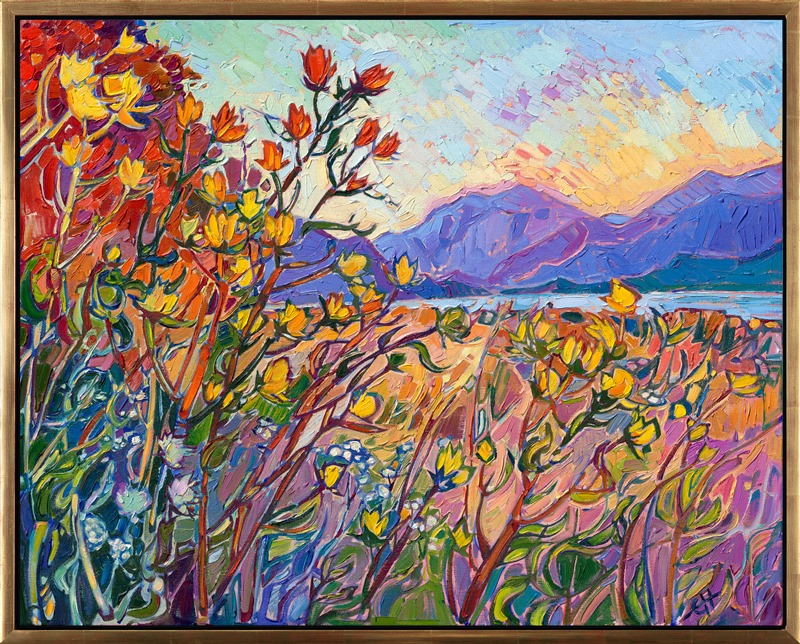 This painting was inspired by the first golden hour I experienced on my photo safari through Washington state this year. I traveled through Sequim, the Olympic Peninsula, Mt Rainier, and the San Juan Islands, but the first scene I wanted to paint was this small collection of flowers on the edge of Sequim Bay that glowed in the golden hour light, with purple and blue mountains in the background. The colors were so dramatic and perfectly reflective of what I love about Northwestern color.