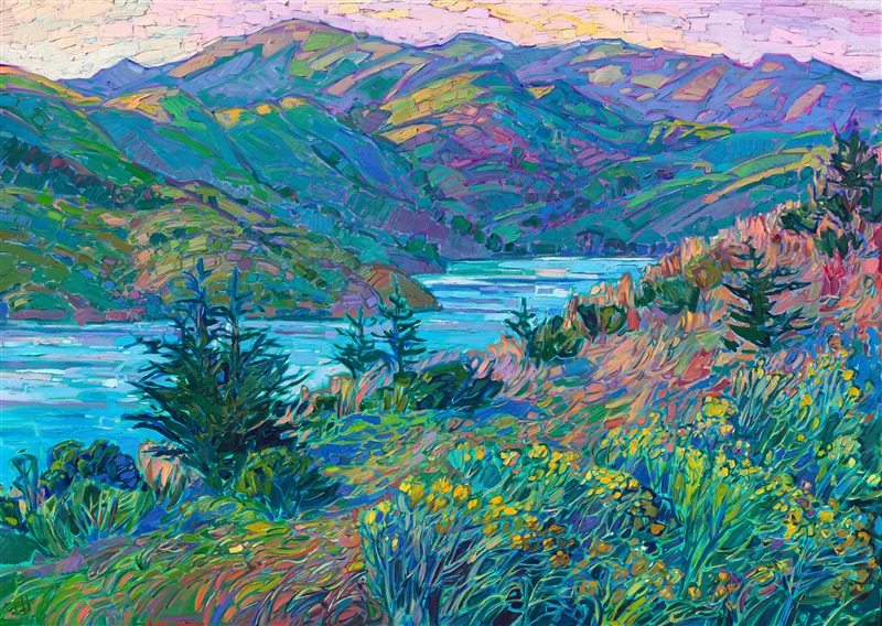 Whale Rock lake near Paso Robles, California, is captured in viridian hues and thick, impressionistic brush strokes. The wide expanse of this landscape vista is captured in all its springtime beauty. The impasto nature of the oil paints creates a changing rhythm of texture through the painting.</p><p>"Dawning Light" is an original oil painting created on stretched canvas. The piece arrives framed in a custom floater frame, ready to hang.