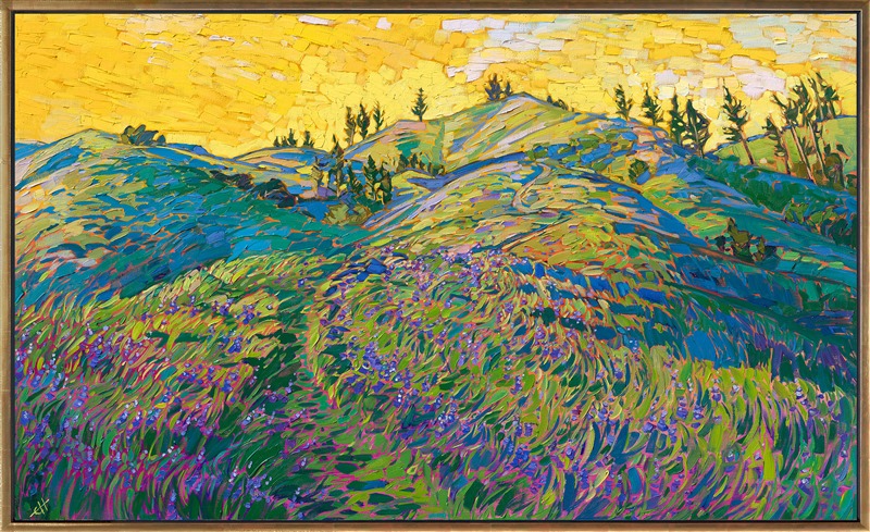 Endless fields of rich purple lupin blanket the coastal hills near Big Sur, California. This painting captures the vivid colors and wonderful sense of standing out of doors in the bright springtime morning.</p><p>"Dawning Lupin" was created on gallery-depth, stretched linen. The original oil painting arrives framed in a contemporary gold floater frame, finished in burnished 23kt gold leaf.