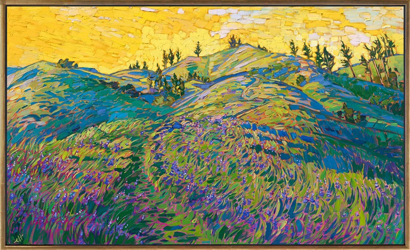 Endless fields of rich purple lupin blanket the coastal hills near Big Sur, California. This painting captures the vivid colors and wonderful sense of standing out of doors in the bright springtime morning.</p><p>"Dawning Lupin" is one of the Erin Hanson artworks featured on <a href="https://www.erinhanson.com/blog?p=ErinHansonFrameTV">Samsung Frame TV</a>.