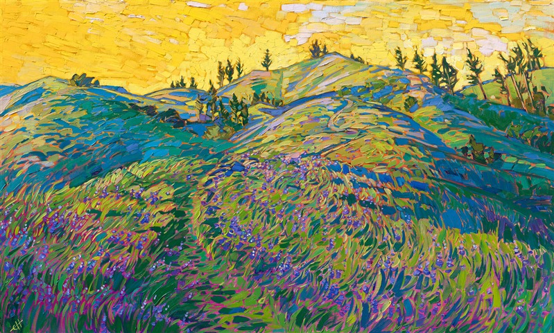 Endless fields of rich purple lupin blanket the coastal hills near Big Sur, California. This painting captures the vivid colors and wonderful sense of standing out of doors in the bright springtime morning.</p><p>"Dawning Lupin" was created on gallery-depth, stretched linen. The original oil painting arrives framed in a contemporary gold floater frame, finished in burnished 23kt gold leaf.