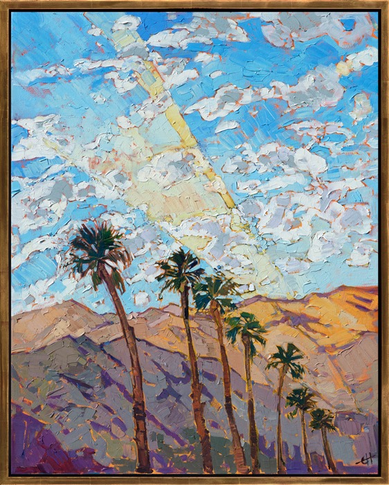 A line of palms sweeps along the base of the Santa Rosa Mountains, the windswept fronds reaching towards the desert sky.  The brush strokes in the painting are loose and impressionistic, capturing all the life and movement of the outdoors.</p><p>This painting was done on 1-1/2" canvas, with the painting continued around the edges of the canvas.  The piece has been framed in a simple, 23kt gold floating frame.