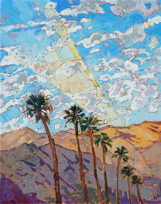 A line of palms sweeps along the base of the Santa Rosa Mountains, the windswept fronds reaching towards the desert sky.  The brush strokes in the painting are loose and impressionistic, capturing all the life and movement of the outdoors.

This painting was done on 1-1/2" canvas, with the painting continued around the edges of the canvas.  The piece has been framed in a simple, 23kt gold floating frame.