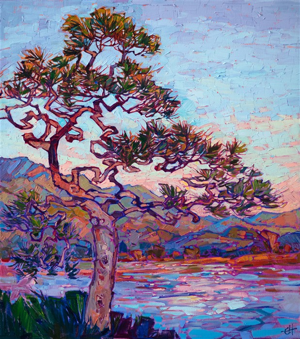 A twisted Japanese pine stands against the backdrop of Arashiyama in Kyoto, Japan. The artistically-shaped tree reminds me of an oversized bonsai. The gracefully twisting branches glow pink in the first light of early dawn. </p><p>"Dawning Pine" was created on 1-1/2" canvas, with the painting continued around the edges. The piece has been framed in a hand-made gold floater frame. 