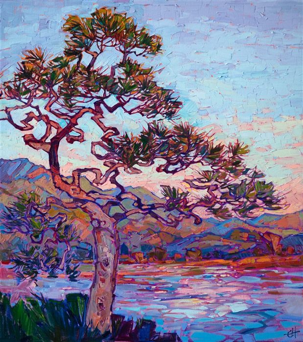 A twisted Japanese pine stands against the backdrop of Arashiyama in Kyoto, Japan. The artistically-shaped tree reminds me of an oversized bonsai. The gracefully twisting branches glow pink in the first light of early dawn. 

This painting is being sold on consignment.

"Dawning Pine" was created on 1-1/2" canvas, with the painting continued around the edges. The piece has been framed in a hand-made gold floater frame. 