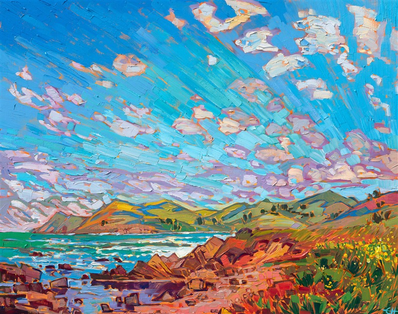 Brilliant blue rays of dawn brighten the coastline of central California. This painting is a celebration of color and life, capturing the natural beauty of California with impressionistic strokes of paint.</p><p>"Dawning Rays" was created on 1-1/2" stretched linen. The piece arrives framed in a contemporary gold floater frame finished in 23kt burnished gold leaf.