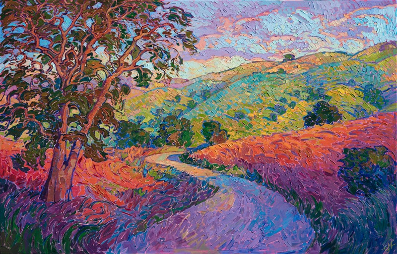 A winding road is illuminated with the warm rays of early dawn, bringing you into the landscape of central California's wine country. The brush strokes in this painting are loose and impressionistic, alive with color and life.