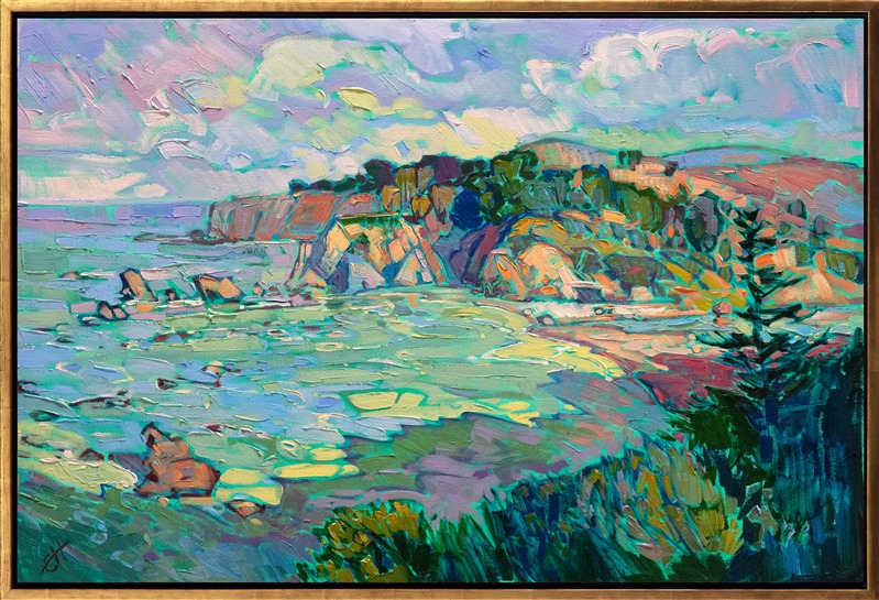 Long shadows of dawn stretch over the ocean waters of Northern California. The sea is multi-colored in hues of aqua and lavender, while the warm yellow light of morning glints over the landscape. The brush strokes in this painting are loose and impressionistic, alive with color and motion.</p><p>"Dawning Shadows" was created on 1-1/2" canvas, with the painting continued around the edges. The piece arrives framed in a contemporary gold floater frame.