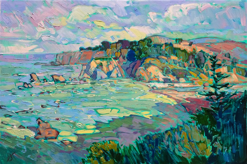 Long shadows of dawn stretch over the ocean waters of Northern California. The sea is multi-colored in hues of aqua and lavender, while the warm yellow light of morning glints over the landscape. The brush strokes in this painting are loose and impressionistic, alive with color and motion.</p><p>"Dawning Shadows" was created on 1-1/2" canvas, with the painting continued around the edges. The piece arrives framed in a contemporary gold floater frame.