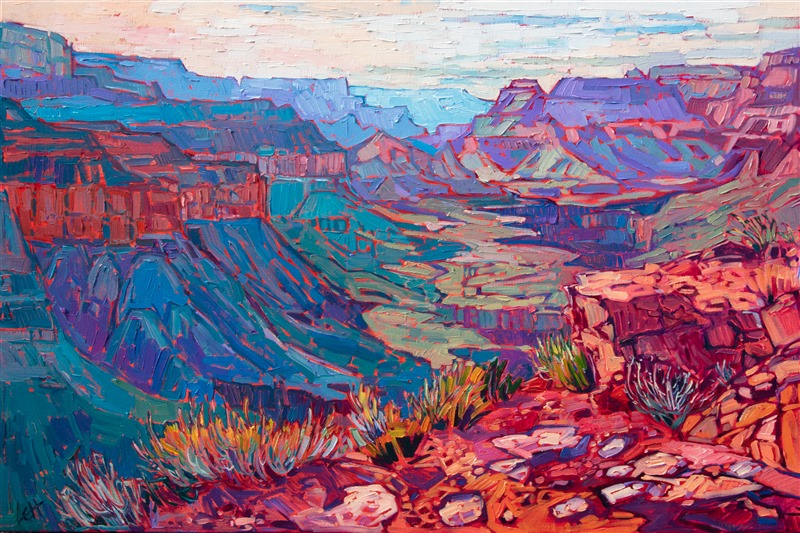 Morning sunlight streaks into the Grand Canyon, lighting the summer-green slopes below. This painting was inspired by a 2-day hike into the canyon. The brush strokes are loose and open, capturing the vibrancy of the landscape.</p><p>"Dawning Vista" was created on 1-1/2" canvas, with the painting continued around the edges. The piece arrives framed in a custom-made, gold floater frame.</p><p>This painting was displayed at the Grand Canyon Celebration of Art</a>, 2019.