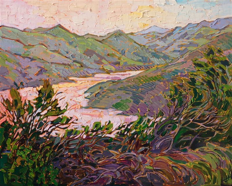 Delicate shades of dawn move over the open countryside between Paso Robles and Morro Bay. The still waters of Whale Rock Lake reflect the changing hues of the sky. The brush strokes are loose and impressionistic, alive with color and energy.</p><p>This petite painting was done on linen board, and it will be framed in a custom-made gold plein air frame.