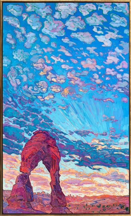 This painting was inspired by a hike I did to Delicate Arch (in Arches National Park) a few years ago. To catch the early morning light on Delicate Arch, I awoke at 3am to begin the hike up the sandstone slabs that culminated in the rock formations around the arch. The brilliant colors and high vantage point, surrounded by the quiet solitude of the park, have been ingrained in my mind ever since.</p><p>"Delicate Arch" was created on 1-1/2" canvas, with the sides of the canvas painted as a continuation of the painting. The piece arrives framed in a 23kt gold leaf floater frame.