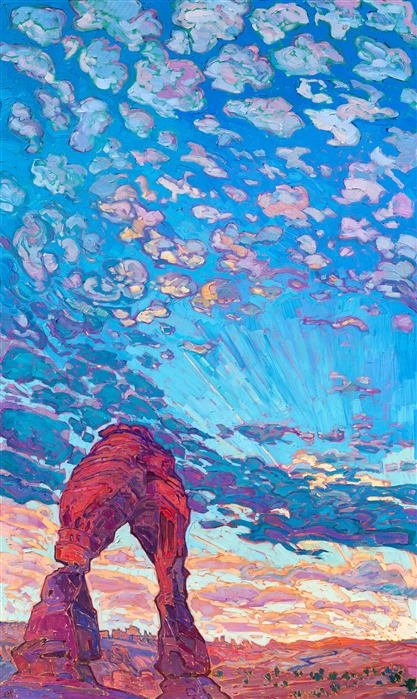 This painting was inspired by a hike I did to Delicate Arch (in Arches National Park) a few years ago. To catch the early morning light on Delicate Arch, I awoke at 3am to begin the hike up the sandstone slabs that culminated in the rock formations around the arch. The brilliant colors and high vantage point, surrounded by the quiet solitude of the park, have been ingrained in my mind ever since.</p><p>"Delicate Arch" was created on 1-1/2" canvas, with the sides of the canvas painted as a continuation of the painting. The piece arrives framed in a 23kt gold leaf floater frame.