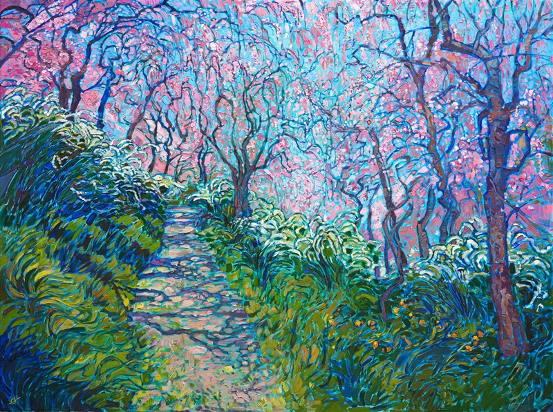 Take a stroll into spring by stepping into this painting.  Feel the dark green grasses under your feet and watch the changing shadows move across the dirt path, as your eye moves from the yellow wildflowers to the white blooms to the pink cherry trees overhead.  Imagine the perfect baby-blue sky above, surrounding you with warmth and color.  Let your mind wander as you imagine what lays beyond the bend.</p><p>This painting was done on 1-1/2" canvas, with the edges of the canvas painted. The piece will be framed in a gold floater frame and it arrives ready to hang.