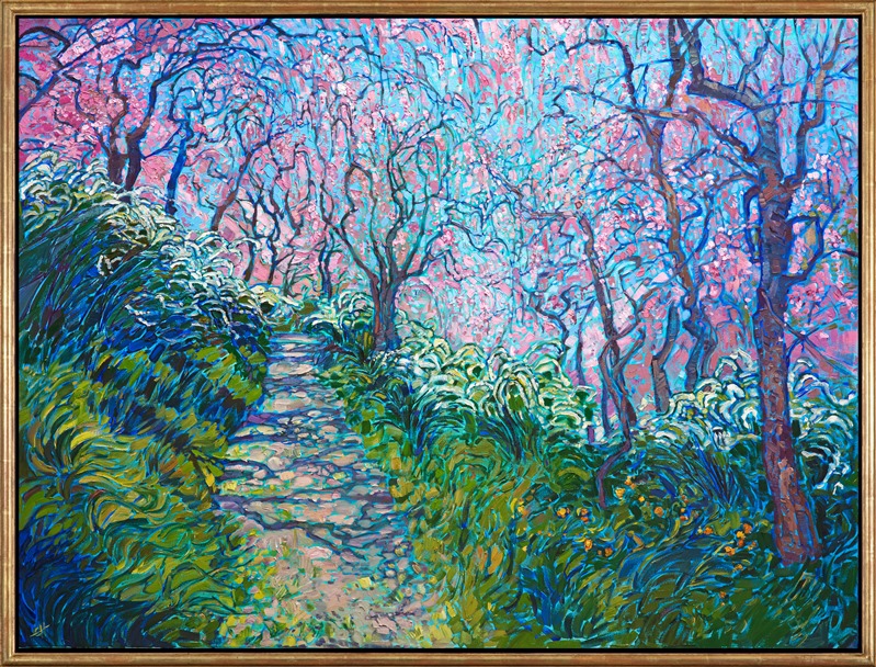 Take a stroll into spring by stepping into this painting.  Feel the dark green grasses under your feet and watch the changing shadows move across the dirt path, as your eye moves from the yellow wildflowers to the white blooms to the pink cherry trees overhead.  Imagine the perfect baby-blue sky above, surrounding you with warmth and color.  Let your mind wander as you imagine what lays beyond the bend.</p><p>This painting was done on 1-1/2" canvas, with the edges of the canvas painted. The piece will be framed in a gold floater frame and it arrives ready to hang.