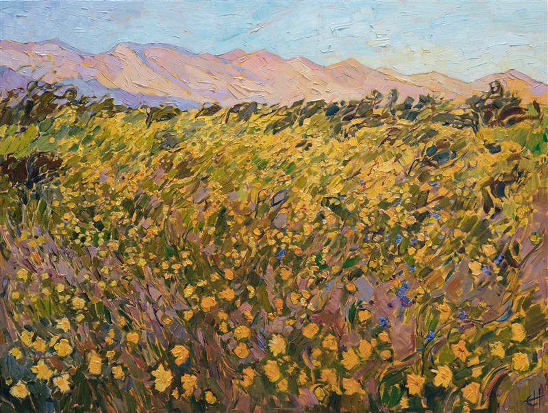 Bright yellow flowers blanket the valley floor in Borrego Springs during the spring, especially during a rare super bloom.  The light yellow blooms are a beautiful contrast against the distant purple mountains.  This painting is loose and impressionstic, the thick brush strokes creating a mosaic of color and texture across the canvas.</p><p>This painting was created on 1-1/2" deep canvas, with the painting continued around the edges.  The painting arrives framed in a carved floater frame designed for the painting.</p><p>This painting will be displayed at <a href="https://www.erinhanson.com/event/californiasuperbloomartexhibition">The Super Bloom Show</a>, September 9th, at The Erin Hanson Gallery in San Diego.  If you purchase this painting before the show, your piece will be shipped to you after September 9th.